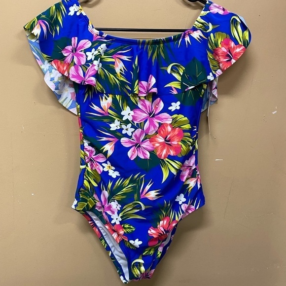 Kona Sol High Coverage One Piece Swimsuit Blue Floral Bright Tropical Size S NWT - Picture 1 of 5